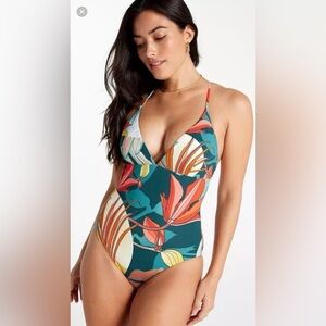CALIA NWT Botanical Sea Green Triangle Strappy Back One Piece